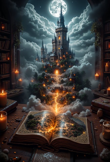 foggy, surreal dream, double exposure, living in a thunder cloud, bo-abyss, bo-cityscape, bo-exposure, bo-cyberpunk, bo-steampunk, a highly detailed, digital artwork depicting a magical, enchanting scene set in a dimly lit, medieval-style library, the central focus is an open book with an ornate, gilded cover, the cover features a detailed depiction of a medieval castle with tall, pointed spires and a small, glowing entrance, surrounded by lush greenery and a winding path leading up to it, the castle is illuminated by warm, yellowish-orange lights, creating a cozy, inviting atmosphere, in the background, a large, full moon shines brightly against a starry night sky, casting a soft glow over the scene, surrounding the castle are numerous smaller, wooden structures with thatched roofs, adding to the magical ambiance, the book itself is worn and aged, with visible leather bindings and a worn, yellowed cover, suggesting it has been around for a long time, the table it sits on is cluttered with various old, leather-bound books, some of which are partially visible, and scattered around the table are small, amber-colored glass jars with glowing candles, adding a warm, flickering light to the scene<lora:Flux\boFLUX digital-abyss.safetensors:0.8:0.8> <lora:Flux\boFLUX In the Sky v2.safetensors:1.0:1.0>
