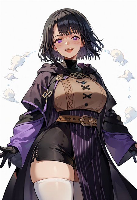 score_9. score_8_up. score_7_up. score_6_up. score_5_up. score_4_up, source_anime, 1girl, solo, calm, smile, smirk, seductive, squinted eyes, blushing, open mouth, 1girl, very_massive breasts, wide hips, thin waist, thick thighs, morgan_(female)_(fire_emblem), black hair, medium hair, bangs, purple eyes, purple robe, black robe, hooded robe, open robe, brown corset, white shirt, black shorts, black gloves, (((brown belt))), white stockings, cowboy shot, white background, <lora:ebora-Style-PonyXL-GLoRA-000049:1>, there is a lack of fire