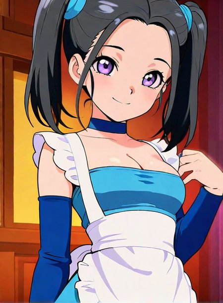 masterpiece, best quality, amazing quality,<lora:Bouquetil-0:0.8>,bouquetbd, black hair, twintails, purple eyes, cleavage,  blue choker, strapless dress, white apron, detached sleeves, white thighhighs, blue footwear,twintails, purple eyes,anime screenshot, upper body, smile,  cleavage