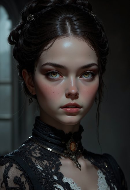 A high-resolution, close-up portrait of a young woman in her early twenties with a soft, innocent expression, exuding a sense of Victorian elegance. She has fair, porcelain skin and wide, doe-like eyes that sparkle with a hint of mystery. Her lips are painted a gentle rose shade, slightly parted to reveal the faintest glimpse of sharp, delicate fangs, hinting at her hidden vampiric nature. Her dark, wavy hair is styled in an elegant Victorian updo adorned with a lace ribbon. She wears a vintage, high-collared dress with intricate lace details and a cameo brooch at her neck, evoking both innocence and old-world charm. The background is dimly lit, with shadows that seem to subtly encroach, adding an eerie, gothic atmosphere to the scene. Soft, diffused lighting highlights her delicate features, casting a gentle glow over her pale complexion, giving her an ethereal, haunting beauty that feels both inviting and unsettling
<lora:CPA:0.6>avy-drkcnmtc, low-key lighting, atmospheric haze, underexposed, cinematic darkness, deep shadows . futuristic, technological, cybernetic enhancements, <lora:artisketchyfs-v02:0.5> <lora:FluxMythV2:0.7> . shallow depth of field, vignette, highly detailed, high budget, bokeh, cinemascope, moody, epic, gorgeous, film grain, grainy . dark, mysterious, haunting, dramatic, ornate, detailed