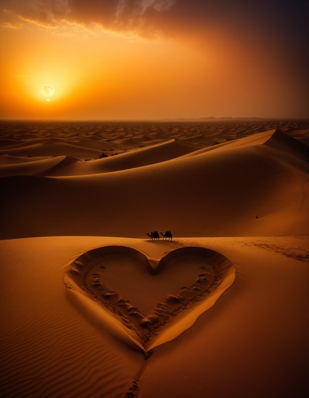 (giant sand heart), oasis inside of heart, sunset, dunes, camel caravan, moon in the sky, people looking at heart,  sandstorm in horizon  <lora:add-detail-xl:0.2> <lora:aidmaImageUpgraderSDXL-v0.3:0.2> <lora:SDXL_dark:0.5> <lora:S1_Dramatic_Lighting_v3:0.25>  <lora:MidjourneyV6.1:0.25> <lora:Pony_Realism Slider:0.2>