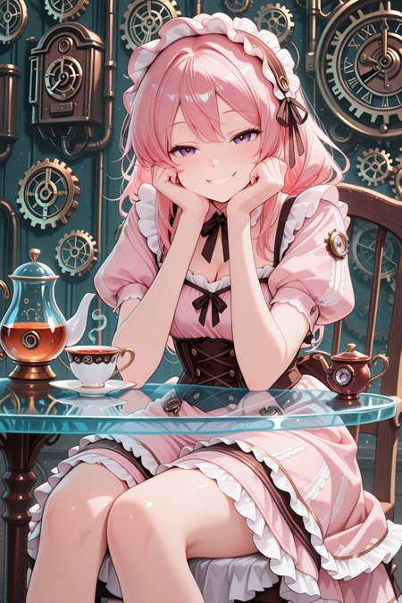 embedding:lazympos, CivChan,purple eyes,pink hair,steampunk tea party dress,sitting at a levitating sugar-glass table,clockwork garden with floating teapots,sipping from a cog-shaped teacup,smiling slyly as cookie gears spin around her <lora:CivChan:0.9> <lora:TrendCraft_The_Peoples_Style_Detailer-v1.0A-3_13_2025-illustrious:0.4>