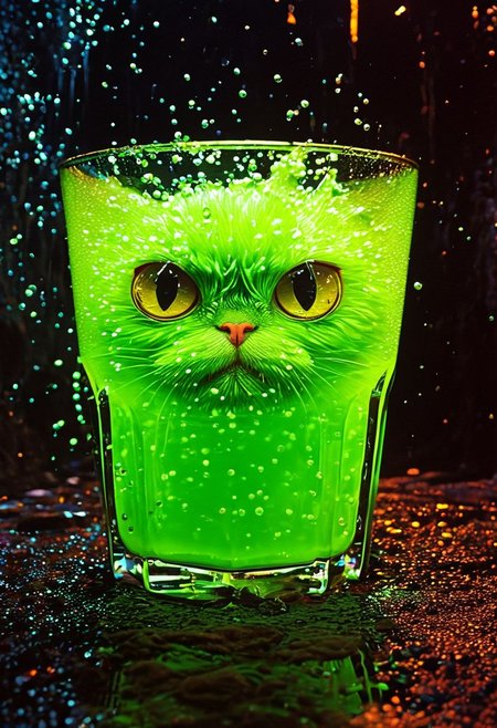 A giant glass of bubbly green liquid with big yellow eyes, sitting ominously in the middle of a dark dungeon. The liquid fizzes and bubbles, while the eyes float and blink, giving it a watchful, eerie presence., 
in the style of hauntingly atmospheric dark fantasy, VHS, horror, 80's horror with vibrant colors
silhouette ,
in the style of the decaying empire of Wrstreich, dark magic and grotesque creatures abound, inspired by Sean Aaberg's punk aesthetic, dark fantasy world combines grim landscapes with vibrant, exaggerated neon colorful art, old 80's VHS dark fantasy, VHS screen grab, grainy, old footage