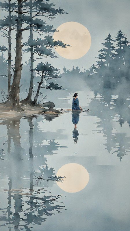 Watercolour paint effect, on partchment, Blue moon, Lake, japanese writing, ripples, sky, trees, reflection, mist, woman, <lora:Paint_Effects_SDXL_-_By_DICE:1>, Watercolour Paint Effect
