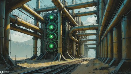 You move with caution, your senses heightened as you scan the perimeter of the fortress. The ground beneath your feet is slick with oil, making every step treacherous. You pause frequently to listen, waiting for any sign of movement or alarm. The only sounds you hear are the distant thrumming of engines and the occasional clang of metal on metal. As you draw nearer, you notice that the walls are covered in intricate patterns of pipes and wires, pulsating with a blue-green energy. It's clear that the Mechanists have invested heavily in their technology, and you wonder what kind of wonders â or terrors â lie within., intricate, elegant, highly detailed, digital painting, rpg, substance designer, zbrush, artstation, concept art, smooth, sharp focus, beautiful face, centered in image, rule of thirds, illustration, golden ratio, epic scale, octane, unreal engine, trending on artstation, 4 k, 8 k, national geographic â