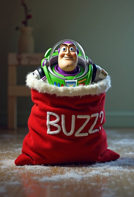 “BUZZ?”, buzz lightyear, buzz cut, empty Santa sack
