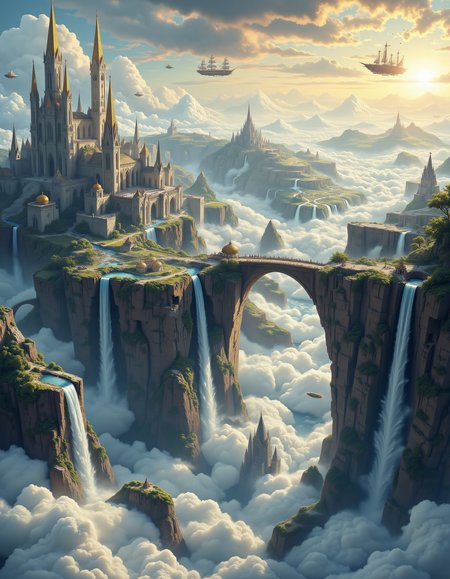 A vast kingdom built upon the fragments of a shattered continent, floating among the clouds. The islands are connected by crumbling stone bridges, suspended mid-collapse, held together by magic. Massive waterfalls pour from the edges, dissipating into mist before reaching the ground. Towering spires with golden domes reflect the light of the twin suns overhead. Airships hover in the distance, docking at platforms made of woven crystal threads. The sky is filled with drifting embers, remnants of an ancient war that left the kingdom fractured but still standing.
<lora:FluxDFaeTasticDetails:0.25> <lora:aidmaMJ6.1_v0.5_3:0.3> aidmamj6.1 <lora:aidmaFLuxPro1.1_v0.3:0.3> aidmafluxpro1.1 <lora:aidmaMJ6.1v0.4:0.6> aidmaMJ6.1 <lora:DreamArtFlux:0.25> DreamArt