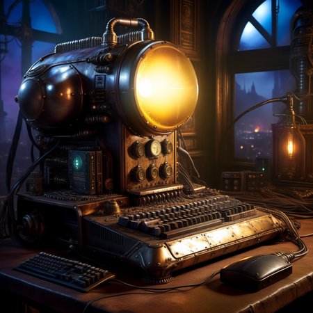 <lora:TechPunkAIv2Pruned:.9> DieselPunkAI  computer (Highly detailed, amazing fantasy setting), (Shiny Impressive lighting), (Colorful, Ultra Realistic, High quality, Highly detailed, Sharp focus, 8K UHD, Art photography), (trending on artstation)