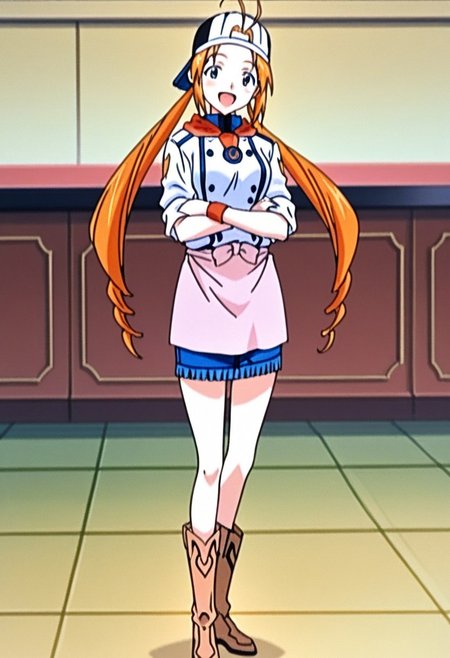 best quality, masterpiece, anime screencap, anime coloring, ultra detailed, source_anime, intricate details, perfect anatomy, looking at viewer, from front,
monica, 1girl, solo, long hair, ahoge, antenna hair, orange hair, drill hair, twintails, forehead,
chef, apron, confetti, wristband, skirt, waist apron, denim skirt, miniskirt, pencil skirt, sleeves rolled up, baseball cap, tiles, buttons, uniform, scarf tie, backwards hat, boots, crossed arms, 
smile, happy, open mouth,