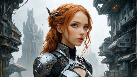 (style of Emmanuel Shiu, Futuristic Worlds, Cinematic Environments, Sci-Fi Concepts, Atmospheric Depth, Detailed Architecture:1.3), intricate mystical dreamlike melancholic maiden, Klatterina_Racketeria