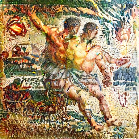 Etruscan mural, Achelous crossing river, cosmic web, shapeshifting, AH_Signac, extremely pointillistic