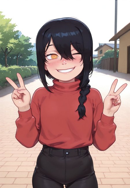safe_pos, official art, masterpiece, best quality, absurdres, amazing quality,  4s0r4, smooth style, andilf ,HD, 4K, possmach, 1girl, solo, flat chests, young, younger, petite, nayuta \(chainsaw man\), black hair, single braid, medium hair, hair over one eye, ringed eyes, yellow eyes, red sweater, turtleneck, long sleeves, black pants, V, wide smile, teeth, teeth smile, blush, aroused, one eye closed, upper_body, cowboy_shot, outdoors