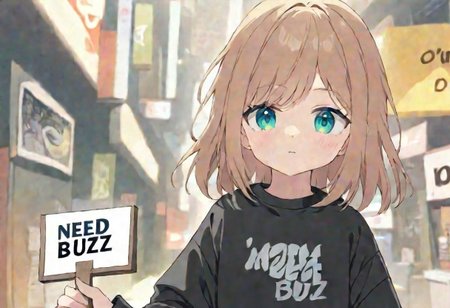 girl, sign in hand that says "need buzz 4 model"