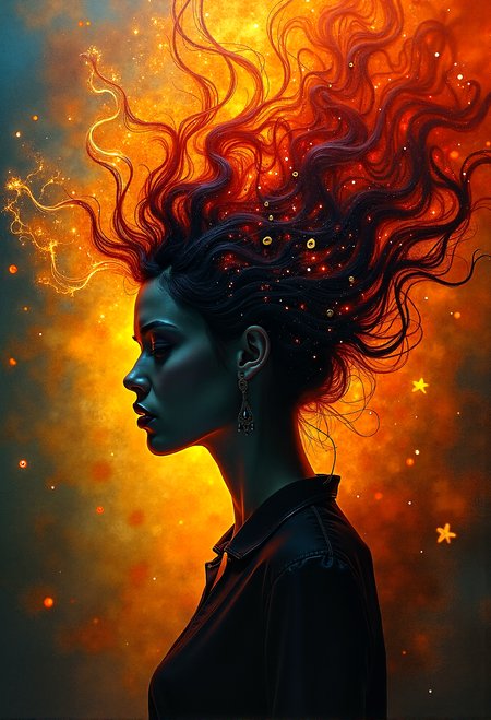 Masterpiece, 8k, HDR, best quality, photography, analog film, real life, extremely beautiful, highly detailed, intricately detailed, ray tracing, dramatic. portrait Silhouette Art, breathtaking ( absurdres divine aesthetic  FaeTastic extravaganza alcohol ink sketch). amazing, fine, detailed, masterpiece, lovely, charming, awe-inspiring, radiant, magnificent. (all dark hues and fine vibrant orange glowing smoldering accent and shiny gold color scheme:1.02). glossy. art by ingrid baars