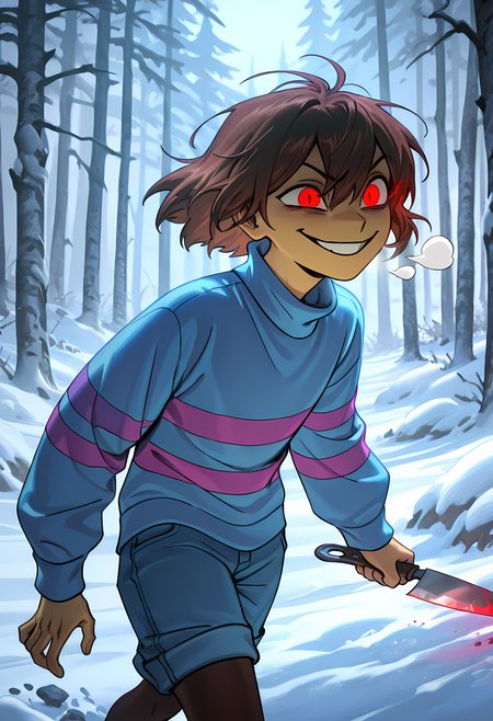, <lora:L0LSPL4SH_IllustriousXLv01:0.6> best quality, masterpiece \(quality\), L0LSPL4SH, year2024, year2023, West Studio, sixmorevodka,1 girl,,short hair, purple outfit,  frisk , brown hair, red glowing eyes,,, sweater, evil smile,, solo, striped sweater, , striped, ,  shorts,blue shirt,purple striped shirts, <lora:Frisk_new_ill:1>,turtleneck,frisk,pantyhoes<lora:add-detail-xl:1>,masterpiece,best quality,amazing quality,very aesthetic,absurdres,newest,huge filesize,<lora:spo_sdxl_10ep_4k-data_lora_webui:0.5>,detailed background,upper body,yellow hall,,,holding a single knife,judgment hall ( undertale ),,,snowy,forest,white ground,snow,dust on air,dusty hands,