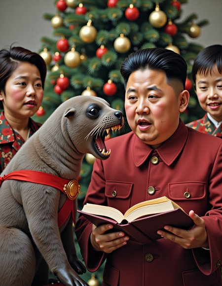 photo, I was so touched to see fur seal boy accidentally reunite with Kim Jong-Un Christmas caroling., analog, Kodachrome