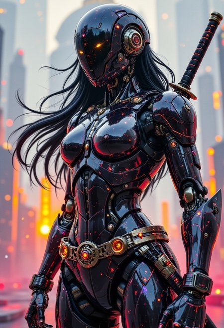 vibrant reflective holographic drawing in the style of ckhg, female cyberpunk robot samurai, robot face with mirrored face shield, hyperdetailed helmet, flowing black hair, reflective black and neon red SilverPulse armor, robot joints, body made of metals, cables and wires, a katana strapped to her back, abstract background suggesting eastern temple