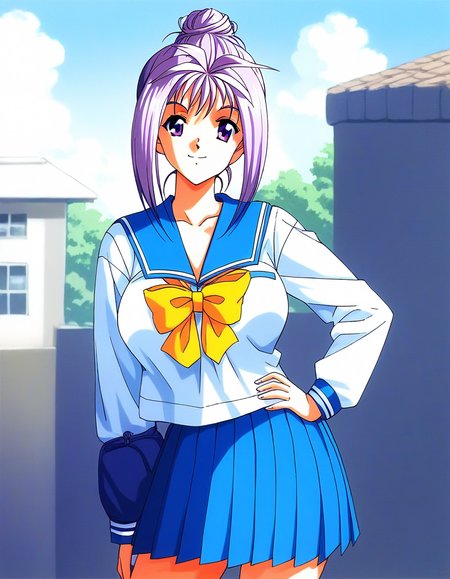 score_9, score_8_up, score_7_up, source_anime, rating_explicit, BREAK  <lora:Katagiri_Ayako_XL:1>ãKatagiriAyako, light purple hair, single hair bun, long hair, large breasts, purple eyes
1990s \(style\),
1girl, solo, school uniform, serafuku, bow, skirt, yellow bow, hand on hip, sailor collar, blue skirt, smile, long sleeves, pleated skirt
outdoor, blue sky, day,