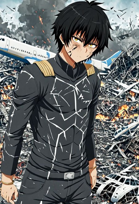 high resolution, solo, best quality, 1Boy, Seiya Kanie, black hair, short hair, dystopia, Plane Crash, OverallDetail