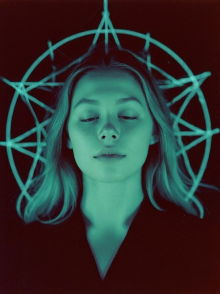 Analog photo of a woman looking like Daisy_Carmichael_P_MXAI_SDXL standing in the center of a glowing pentagram at a Black Mass, eyes closed