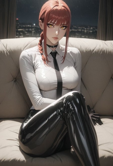 1woman, solo,  long hair, black choker, Makima from chain-saw man, one eye covered by hair, eyeliner, gorgeous lips, tights, medium breasts
cinematic, (masterpiece), (best quality), (ultra-detailed), very aesthetic, illustration, detailed eyes, perfect eyes, detailed  face, (beautiful detailed face, beautiful detailed eyes) ,extreme details eyes
indoors, sitting on couch, living room, night, closed mouth, long hair, white latex shirt, red ascot, grey latex pants, white knee latex boots, flat boots, black latex gloves, low ponytail, perfecteyes, makimacm44, ringed yellow eyes, red long hair, bangs, white shirt, sidelocks, black pants, braided ponytail, black necktie