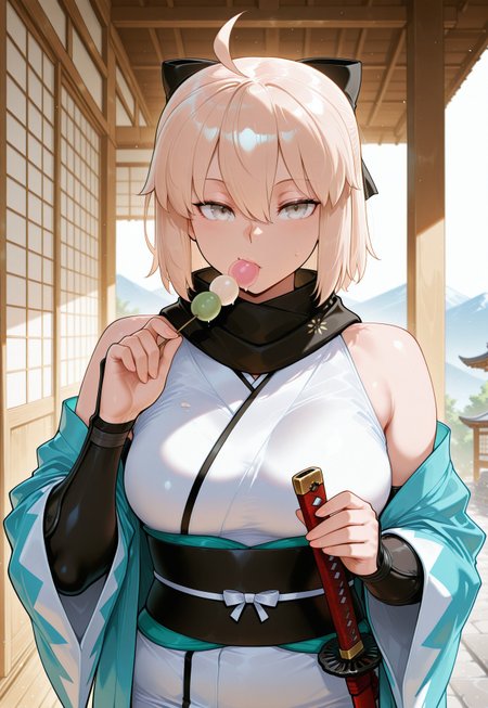 safe_pos, masterpiece, best quality, amazing quality, very aesthetic, light particles, scenery, ultra detailed, masterpiece \(quality\), BREAK, 1girl, solo, okita souji \(fate\), japanese clothes, food, scarf, dango, wagashi, kimono, black scarf, weapon, sash, sword, bow, haori, black bow, shinsengumi, white kimono, katana, looking at viewer, hair bow, obi, sleeveless kimono, ahoge, hair between eyes, sleeveless, blonde hair, grey eyes, arm guards, sanshoku dango, wide sleeves, eating, sketch, half updo, breasts, upper body, fate \(series\), ,masterpiece,best quality,amazing quality, very awa, perfect_anatomy, anatomically_correct_body, year2024, year2023, ultra high resolution, 4k, UHD, HD, (nyantcha:0.5), (detailed background),