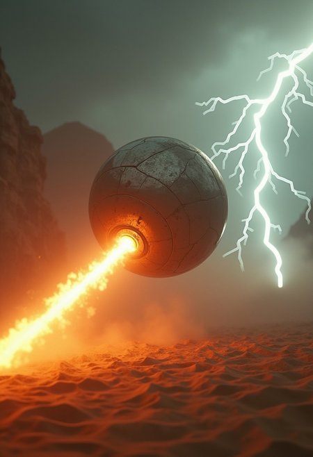 Perfectly compose composition, 10 X speed enhanced vertigo dolly zoom Effect shot ]Highly visible Highly reflective highly reflective large Ultra realistic metallic orb floating And rotating high above Star Wars clone wars final battle scene Being waged on Egyptian themed desert planet during downpour rain and intense lightning storm.)[ note depicted clear & precise photo realism ] camera instructions -(A Cinematic emotional shot flowing immense level of speed internal energy becomes overpowered powering up shows power-glow releases in single Fluid motion high in the air & the downward passes the Black sand ground so fast,causing sand cloud from the speed then immediately hyperspeed dashes forward blaze forward into a high-speed towards the camera as the camera dynamically vertigo Dolly zooms out,symbolizing the extreme speed forward with increased speed slightly blurred.)The background reveals Epic clone, Star Wars clone wars Epic iconic battle waged on war-torn Egyptian-themed de…