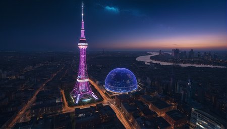professional 3d model, (detailed:1.1), m3tr0pl3x3, ., (high res:1.1), (4k:1.1), building, city, city lights, cityscape, scenery, skyscraper, skyline, bridge, star, (sky:1.1), tower, night, starry sky, rooftop, architecture, no humans, castle, night sky, tree, Close-up, (Medium Distance:1.5), Refraction, Brown symbolism, Baby Blue, prompt ., weather, (windy:1.5), gentle breeze to strong gusts, . octane render, highly detailed, volumetric, dramatic lighting,
A city at night. the sky is filled with stars and planets, creating a beautiful backdrop for the city below. in the center of the image, there is a tall tower with multiple levels and towers, which appears to be a skyscraper or a high-rise building. the tower is lit up with colorful lights, giving it a futuristic and futuristic look. surrounding the tower are several smaller buildings, including a large industrial structure with a crane on top, which could be a factory or a warehouse. on the left side of the illustration, there are two people standing in front of the tower, looking up at it. they appear to be admiring the cityscape below, and there is another tall building in the background. the buildings are silhouetted against the night sky, and the overall color palette is dark and moody, with a mix of blues, greens, and yellows.
(best quality:1.2100000000000002), (masterpiece:1.2100000000000002), (score_9:1.1), (score_8_up:1.1), (score_7_up:1.1), (score_6_up:1.1), (score_5_up:1.1), (score_4_up:1.1)
 <lora:m3tr0pl3x3 :1>