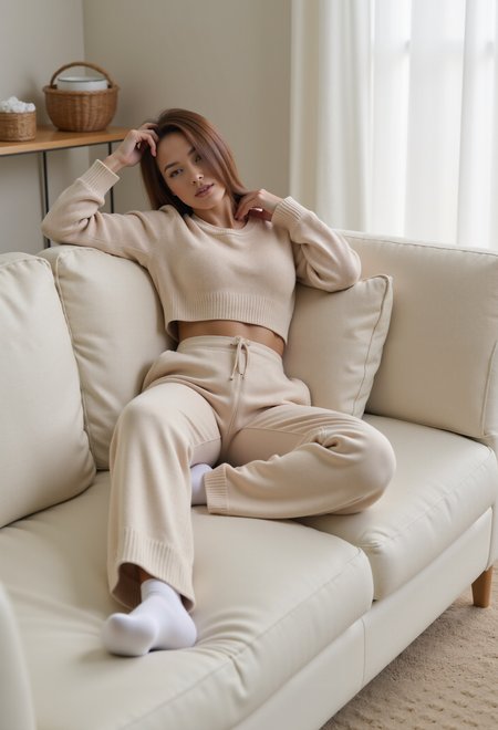 beautiful young woman, long hairstyle, clo021, wearing a cozy beige cropped knit sweater, wide-leg lounge pants, modern styled white socks, lying comfortably on the white sofa in a detailed white living room