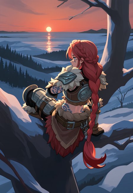 masterpiece, best quality, amazing quality, very aesthetic, absurdres, newest, 8k, detailed background, k3monogo, afkJourneyStyle,
BREAK, 
1girl, solo, barbarian , athletic, red hair, blue tattoos, tribal tattoos, midriff, fur armor, fur belt, multiple belts, (in tree:1.3), on branch, high up, from behind, looking away, very long hair, braids, crown braid, heavy armor, metal armor, engraved armor, bright blue eyes,  
BREAK, outdoors, horizon, scenery,  winter, snow, fantasy background, dark fantasy, dark dramatic palette, dim lit, contrast lit, shade, dappled moonlight, detailed background, dramatic lighting, depth of field, volumetric lighting