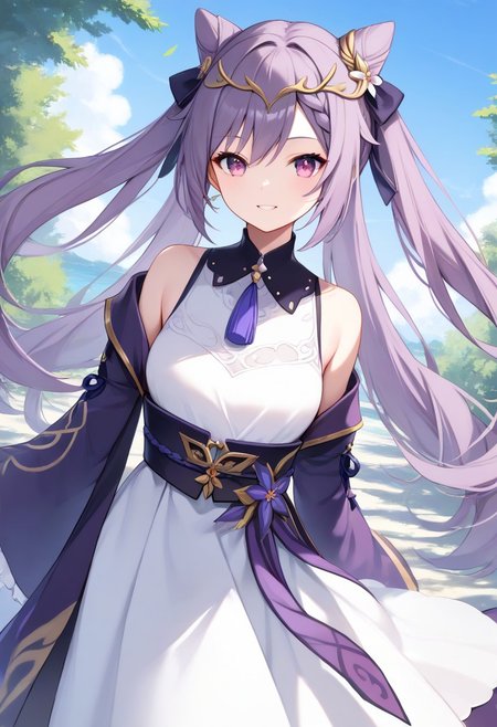 score_9, score_8_up, score_7_up, source_anime, best quality, masterpiece, 1girl, solo, smile. dutch angle, outdoors, sky,
keqingcs, purple hair, cone hair bun, purple eyes, long hair, double bun, braid, twintails, 
circlet, purple cape, white dress, off-shoulder dress, wide sleeves, long dress, purple belt