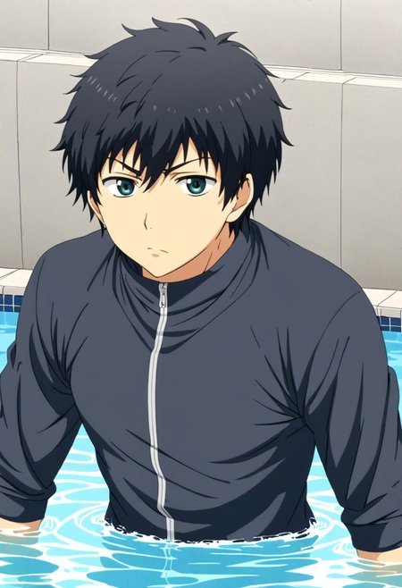 high resolution, solo, best quality, 1Boy, Arata Kaizaki, Black Hair, swimming pool, swim, shirtless, sixpack, shorts, looking at viewer, OverallDetail