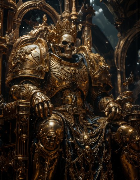 ultrareal photo of  Emperor of Humanity  from Warhammer 40k in space marine armor sitting on the golden throne, big scary wires connected from all sides to the throne,   golden laurel wreath on the skull head, glowing  eyes, moody atmosphere,   backgound is churge with beatiful windows, golden armor <lora:flux_realism_lora:0.9>  <lora:Sinfully_Stylish_.02_for_FLUX:0.9>  <lora:lora:0.6> <lora:sm2:0.8> <lora:v1v1dr34m:0.9>