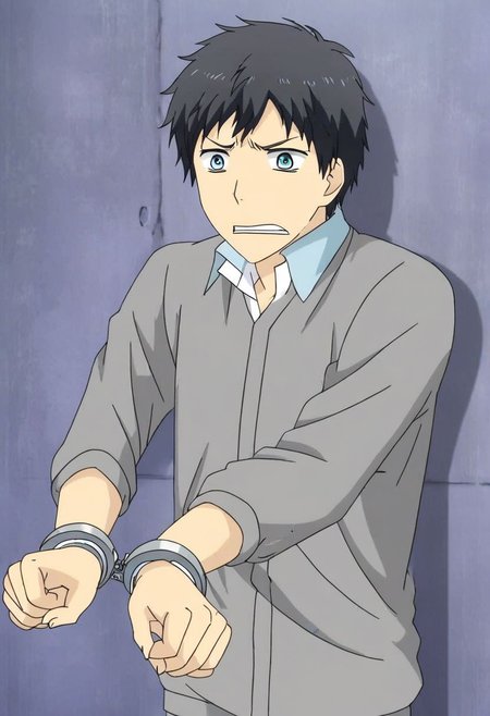high resolution, solo, best quality, 1Boy, Arata Kaizaki, Black Hair, Blue Eyes, arrested, restrained, struggling, handcuffs, interrogated, interrogation room, OverallDetail