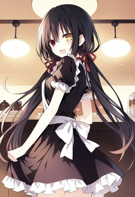 8k, highres,novel illustration,best quality, masterpiece, highly detailed,1girl,solo,date a live,tsunako,tokisaki kurumi,long hair,black hair,twintails,low twintails, red ribbon, heterochromia,clock eyes,symbol-shaped pupils,yellow left eye, red right eye, breasts,medium breasts, floating_hair, 
 jyojifuku,frills, white apron, black maid cloth,
smile, open mouth, standing,  looking at viewer, from behind, indoors, downtown, cafe