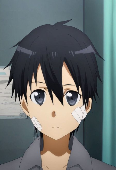 high resolution, solo, best quality, 1Boy, Kazuto Kirigaya, Black Hair, Black Eyes, bandage, patient, hospital, OverallDetail