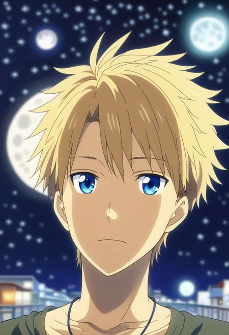 high resolution, solo, best quality, 1Boy, Yamato Ishida, Blond Hair, Blue Eyes, Necklace, depth of field, moon, fantastic night, stary sky, dreamlike, midle of bridge, OverallDetail
