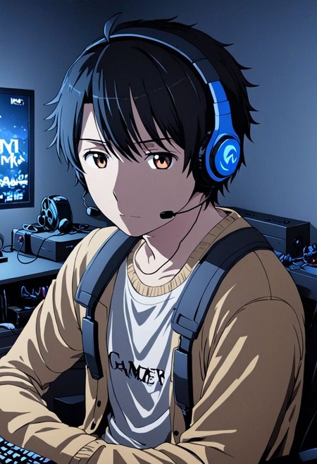 high resolution, solo, best quality, 1Boy, Inaho Kaizuka, Black Hair, gamer, bedroom, night, pc, sit, headset, portrait, OverallDetail