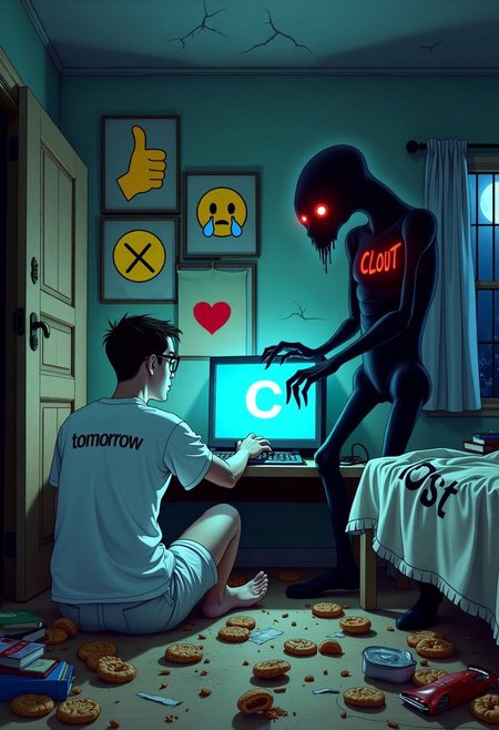 Art style: Horror, often for horror elements, terrifying scenes, or creepy writing.

Description: In a dark, cluttered bedroom, a faceless man sits on the floor amidst scattered snacks. The man wears a white shirt, white shorts, and glasses, with an expressionless face. He is looking at the computer, with no visible eyes and grey skin. There is a black word "tomorrow" on the man's shirt. We only see the man's back.
Shadow Monster: A tall, lanky, weird shape, off-black shadow of smoke with glowing red eyes and “CLOUT” written in bright red across its chest. It is next to the man, putting one of its hands on his shoulder. The monster is standing.
Posters: Four big posters are on the wall next to each other: One yellow thumb up, One red heart, One yellow sad-crying emoji, One yellow joy-crying emoji.
Room Environment: The room features a cracked door and prison bars with curtains drawn back. Moon light from outside illuminates the scene. A glowing blue "C" symbol on a computer adds an eerie light.
Background: Dusty, scattered snacks and books are on the floor. The room is old and has cracks on the walls. It is nighttime. There is a white blanket with the black word "lost" on it.