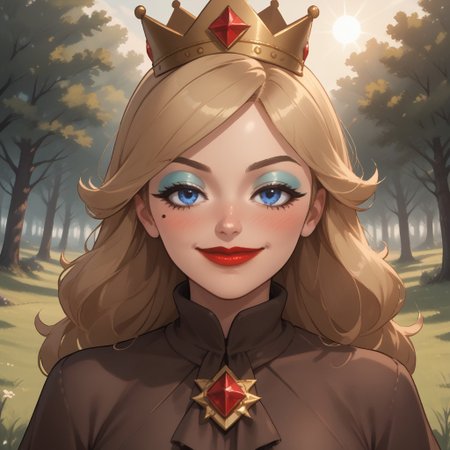 score_9, score_8, BREAK, solo, wii, mii, wii sports, 1girl, female mii, blonde hair, long hair, crown, blue eyes, makeup, blue eyeshadow, blush, mole under eye, red lips, lipstick, brown eyebrows, brown long dress, silver high heels, big breasts, nintendo mii, modern_mii, classic_mii, Empress_Alisha_(OC_Mii), cute, attractive, sexy pose, self portrait, smile, outdoors, sunlight, shadows, evening lighting, natural lighting, forest, trees, grass, orange sky, sunset