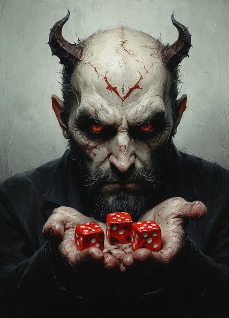 the devil holds out dice to the viewer, dice in his palm,  <lora:dice:0.8>  <lora:Desolation:0.5>