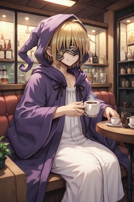 (score_9, score_8_up, score_7_up, score_6_up), source anime, BREAK, solo,  <lora:Nessiah-000013:0.70> , nesdef, 1boy, blonde hair, mask, covered eyes, robe, purple robe, hood up, interior, coffee shop, cafe, sitting, smile, closed mouth,  <lora:zy_Detailed_Backgrounds_v1:0.5> , detailed background, highly detailed,   <lora:backgroundsetXL:0.4> , background,  <lora:m4gXLP:0.8> , m4g,