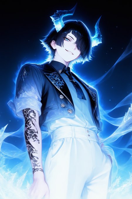 1boy, demon boy, general,

demon horns, black hair, short hair, diagonal bangs, hair over one eye, tsurime, half-closed eyes, squint, blue eyes, slit pupils, eye trail, looking at viewer, looking down, smile, grin, 

black jacket, open jacket, cropped jacket, white shirt, shirt tucked in, short sleeves, white sleeves, black necktie, (short necktie:0.9), shawl lapels, blue ribbon, floating ribbon, arm ribbon, arm tattoo, (black tattoo:1.4), 

white pants, gold buttons, glint, hands in pockets,  

pale skin, aura, fashion, formal clothes, uniform, open clothes, 

cowboy shot, from below, from side, simple background, dark blue sky, star \(sky\), foreshortening, 

blue theme, ice, (frozen:0.8), white outline, wind, no lineart, reflection, shiny, 

confident, light particles, arrogant, 

best quality, very awa, highres, newest