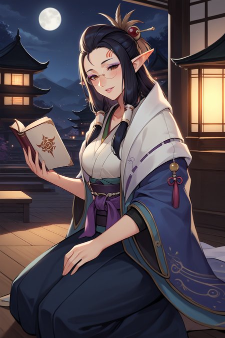 score_9, score_8_up, score_7_up, source_anime, 1girl, prefect lighting, very aesthetic, intricate details, highly detailed background, masterpiece, high quality, prefect hands, best quality, solo,
<lora:Third_Fleet_Master_MHW_V1:.85>, KJOtfm, elf, pointy ears, black hair, brown eyes, hair tubes, half updo, hairpin, feather hair ornament, long hair, forehead mark, purple eyeshadow, pink lips, big nose,
kimono, purple sash, white scarf, round glasses, 
light smile, parted lips, head tilt, blush, wariza, kneeling, holding book, from side, 
east asian architecture, night, moon, dark, wooden floor, indoors, table with tea, 
(Beautiful, medium Breasts:1.2), natural breasts,