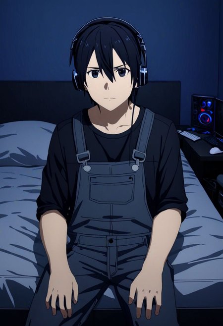 high resolution, professional photography, best quality, 1Boy, Kirigaya Kazuto, Black Hair, Black Eyes, overalldetail, gamer, bedroom, night, pc, sit, headset, potrait