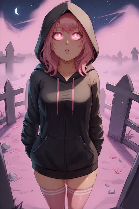 score_9, score_7_up BREAK  <lora:miraihikari:1> 1girl, black hoodie, graveyard, pink glow, hood up, pink eyes, glowing eyes, hands to the sides, looking up, dark, night, cowboy shot, pink fog, thighhighs