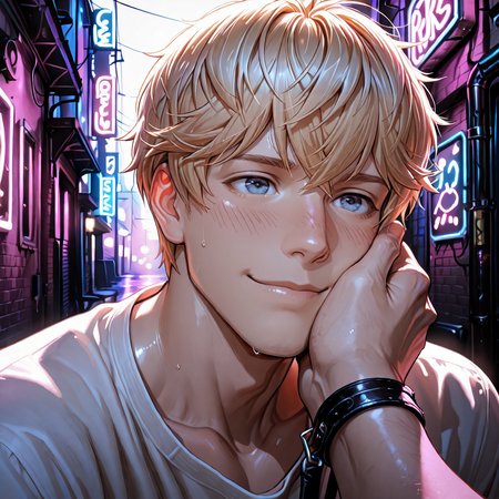 masterpiece, best quality, amazing quality, ultra-detailed, absurdres, highly detailed, cinematic lighting, realistic shading, intricate details, soft lighting, high contrast, depth of field, shiny skin, 1 boy, male focus, <lora:LoveProducer_Kiro:0.8> Love_Kiro, Love_Kiro_blond_short_hair, Love_Kiro_blue_eyes,  Eyes softened with warmth, lips parted slightly in a tender smile, gentle blush across the cheeks, gaze filled with devotion, soft lighting accentuating his features.,  Poses/BDSM GROK, Clothes/clothing_sensual, Angles/angles_3_4_body,  neon lit alley with rust, Backgrounds/crazy effect backgrounds,  <lora:Style_4k-data_lora_webui:1.5>, <lora:nori31291404_Style_:0.33> noristyle, <lora:NoNameStyleVPRED10:0.33> nonamestyle, <lora:ppw_v7_Illuv1.0_1_r2:0.5>, <lora:Accelerater_ILL_PAseer:1>