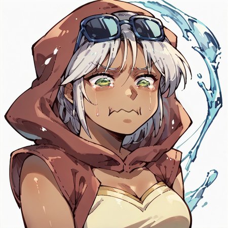 score_9,score_8_up,score_7_up,score_6_up,score_5_up,score_4_up, white background, solo, 1girl, aquacrying, wavy mouth, closed mouth, tearing up, m4r1ah, mariah, white hair, tanned skin, sunglasses on head, red cloak, yellow top, water splash, flying ribbons, face focus, upper body