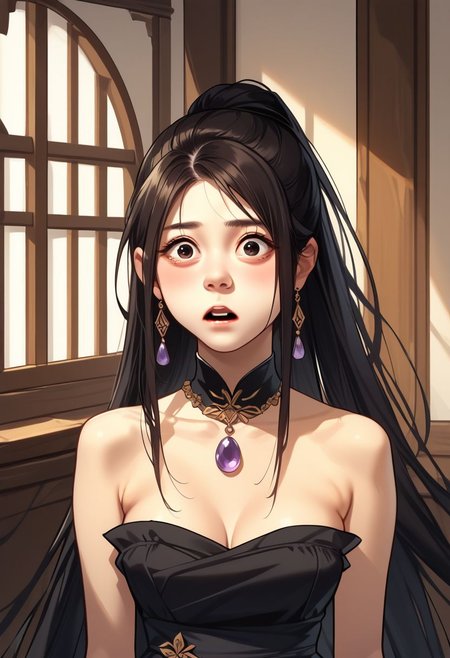score_9, score_8_up, score_7_up, 8k uhd, masterpiece, best quality, high quality, absurdres, ultra-detailed, (highly detailed), OverallDetail, Expressiveh, 
,
((( Uncensored, face close-up view )))
,
(((1girl, solo)))
,
(MirandaT, slender, black hair, long hair, straight hair, purple necklace, black eyes, strapless dress, black dress)
,
((( WoodenHW, background, indoor)))
,
((( Shocked)))