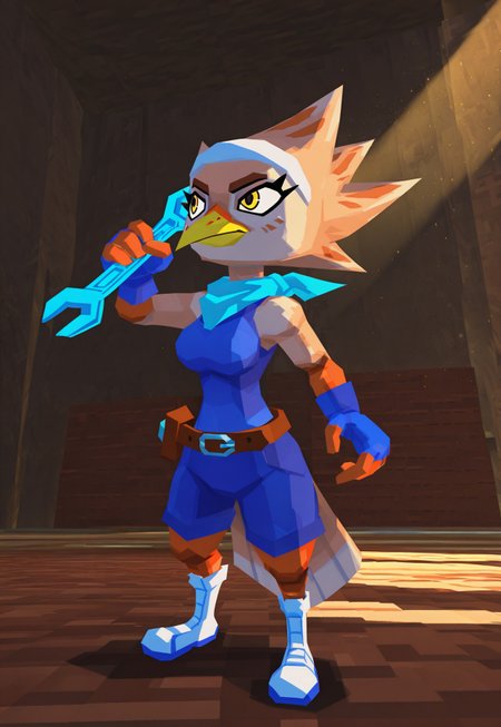 (beautiful, masterpiece, absurd res, detailed, dynamic lighting), artist:atlyss, 3d \(artwork\), low poly, 1girl, solo, k41k0, female furry bird, avian, beige feathers, beige hair, spiky hair, beak, yellow beak, yellow eyes, bird tail, teal scarf, white hairband, blue gloves, fingerless gloves, blue tank top, blue shorts, belt, white footwear, holding wrench, battle stance 